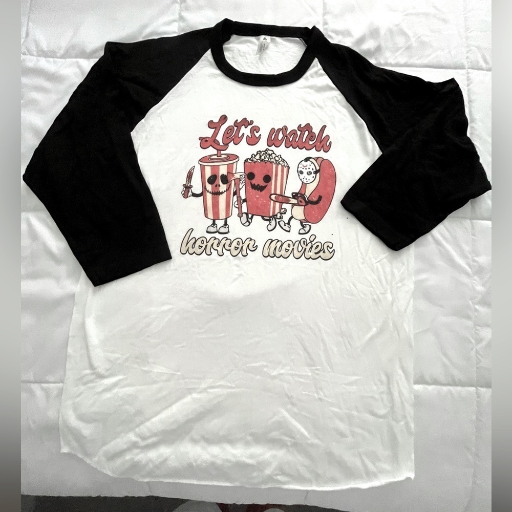 Tultex Black and White Raglan Tee “Lets Watch Horror Movies” Size L.